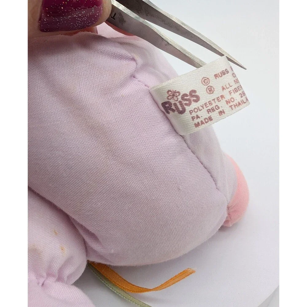 VTG Russ Pink Knit Cat Plush Embroidered Eyes Cloth Body Squeaker 5” Tag #2